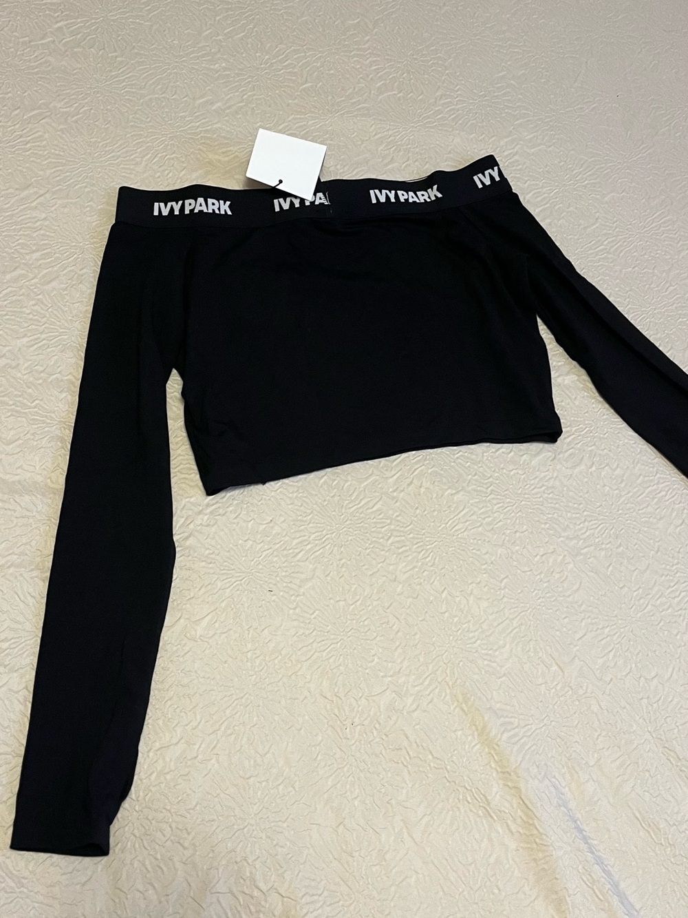 IVY PARK Black Off-Shoulder Long Sleeve Crop Top with Logo Band